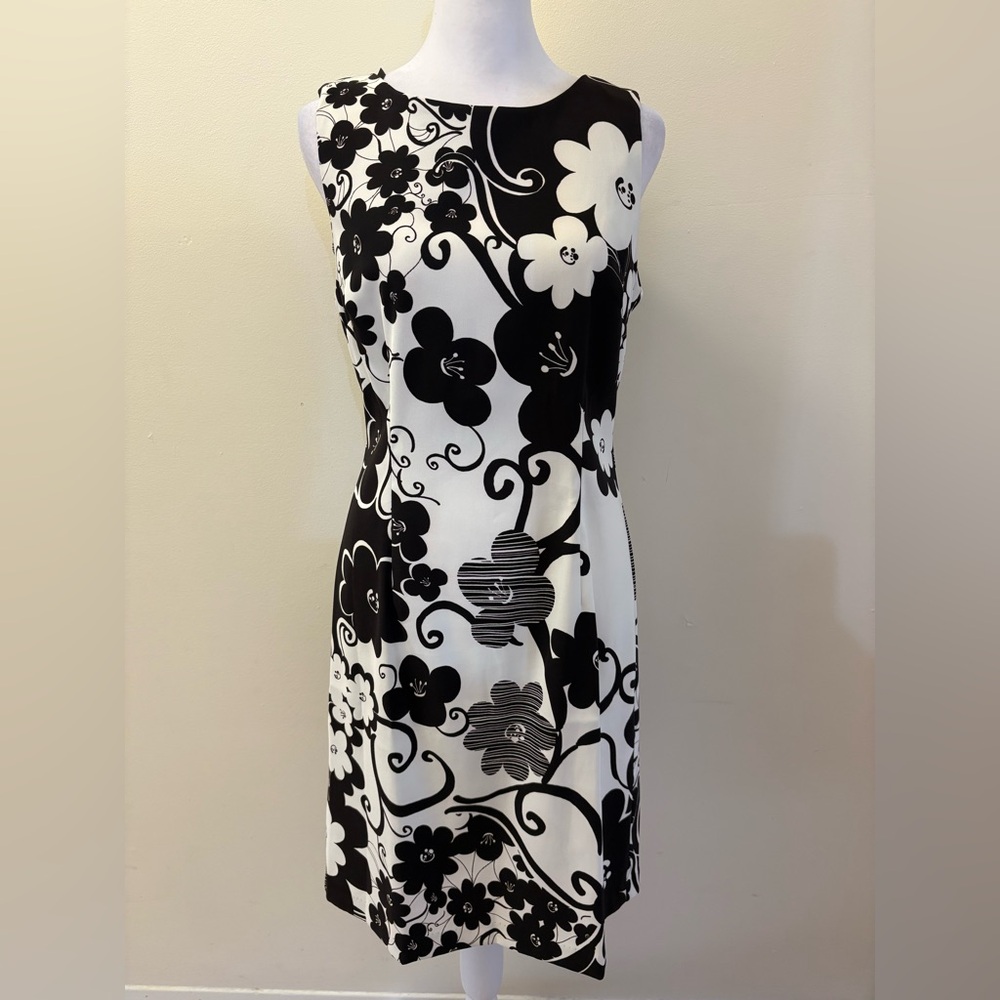 Connected Apparel Black White Abstract Retro Floral Sleeveless Dress Size 8 - Picture 3 of 14